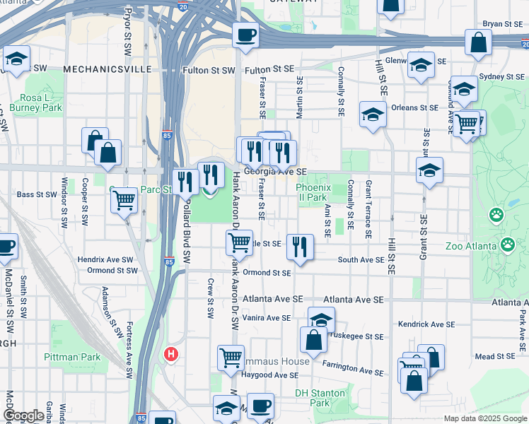 map of restaurants, bars, coffee shops, grocery stores, and more near 717 Agape Place Southeast in Atlanta