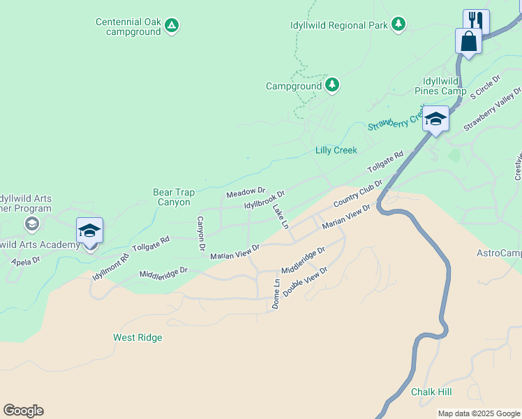 map of restaurants, bars, coffee shops, grocery stores, and more near 53325 Idyllbrook Drive in Idyllwild-Pine Cove