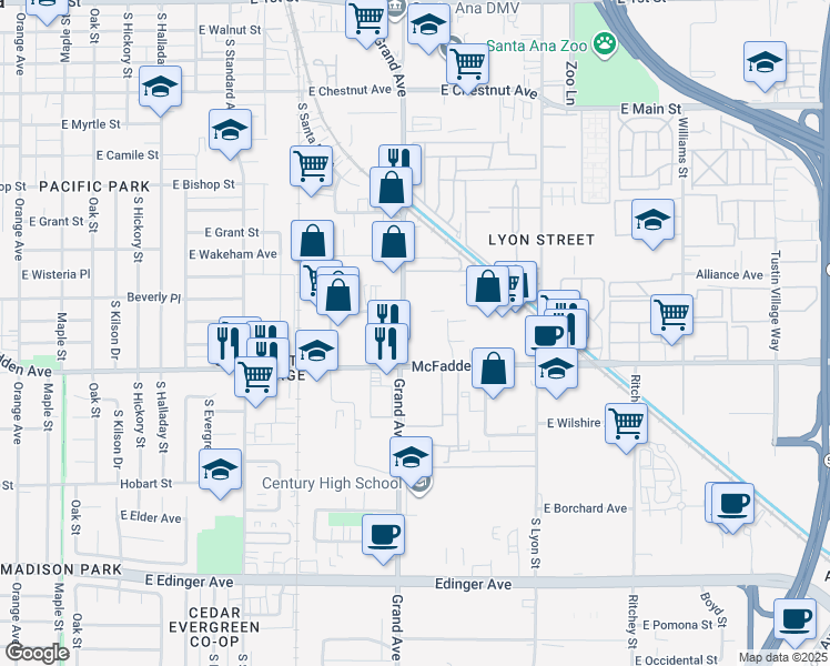 map of restaurants, bars, coffee shops, grocery stores, and more near 1020 South Grand Avenue in Santa Ana