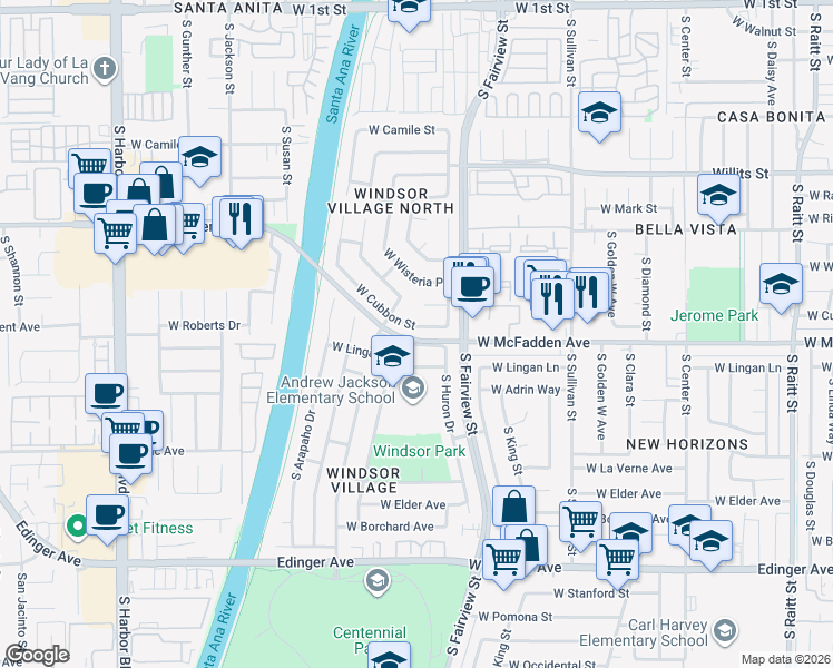 map of restaurants, bars, coffee shops, grocery stores, and more near 2910 West Cubbon Street in Santa Ana