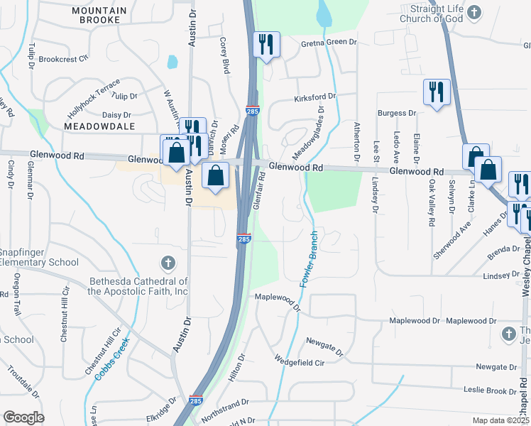 map of restaurants, bars, coffee shops, grocery stores, and more near 1900 Glenfair Road in Decatur