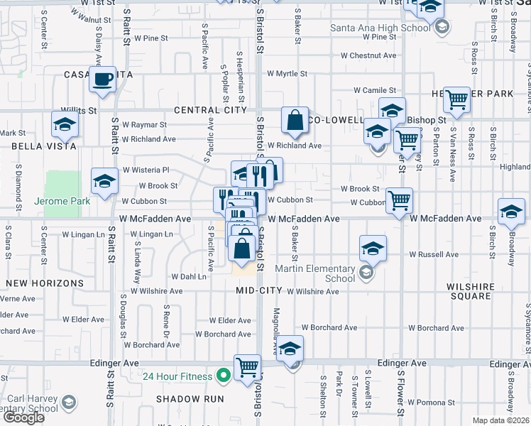 map of restaurants, bars, coffee shops, grocery stores, and more near 1019 South Bristol Street in Santa Ana