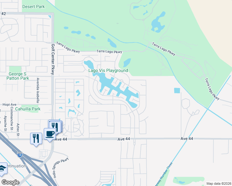 map of restaurants, bars, coffee shops, grocery stores, and more near 43250 Pietra Court in Indio