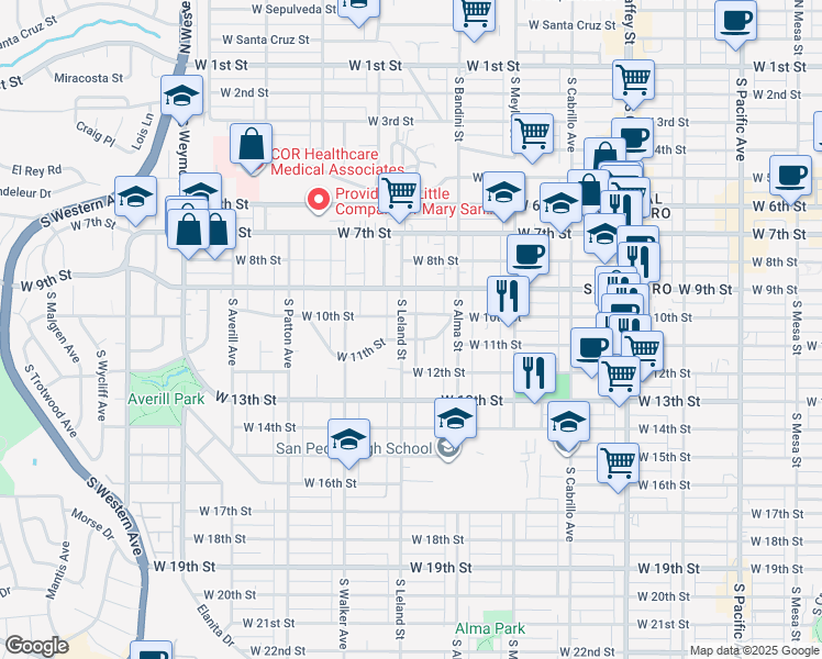 map of restaurants, bars, coffee shops, grocery stores, and more near 1018 South Leland Street in Los Angeles