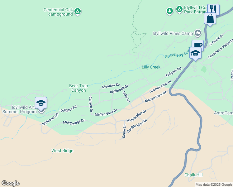 map of restaurants, bars, coffee shops, grocery stores, and more near 53325 Idyllbrook Drive in Idyllwild-Pine Cove