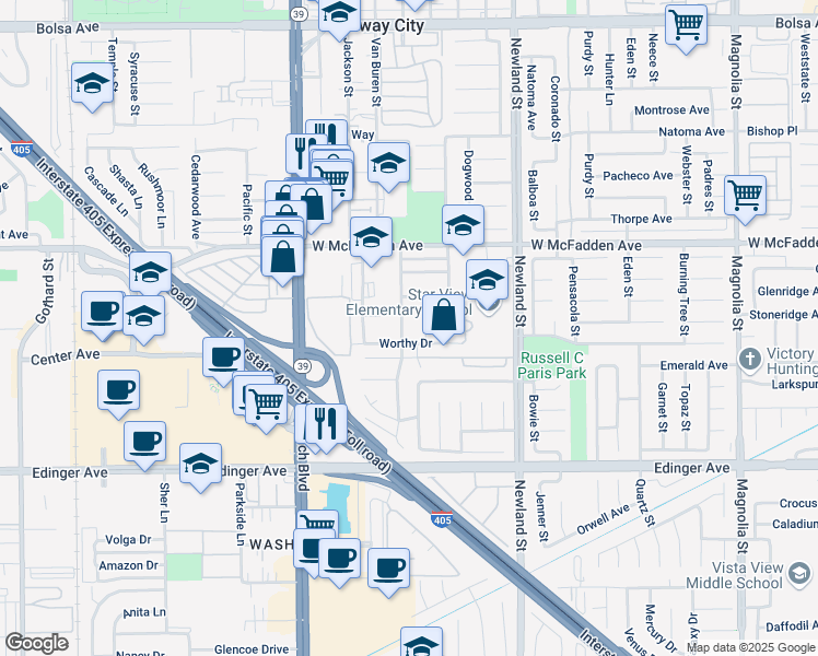 map of restaurants, bars, coffee shops, grocery stores, and more near 15672 Monroe Street in Midway City