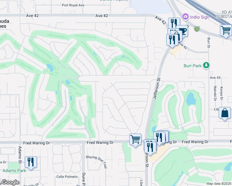 map of restaurants, bars, coffee shops, grocery stores, and more near 43227 Corte Del Oro in La Quinta