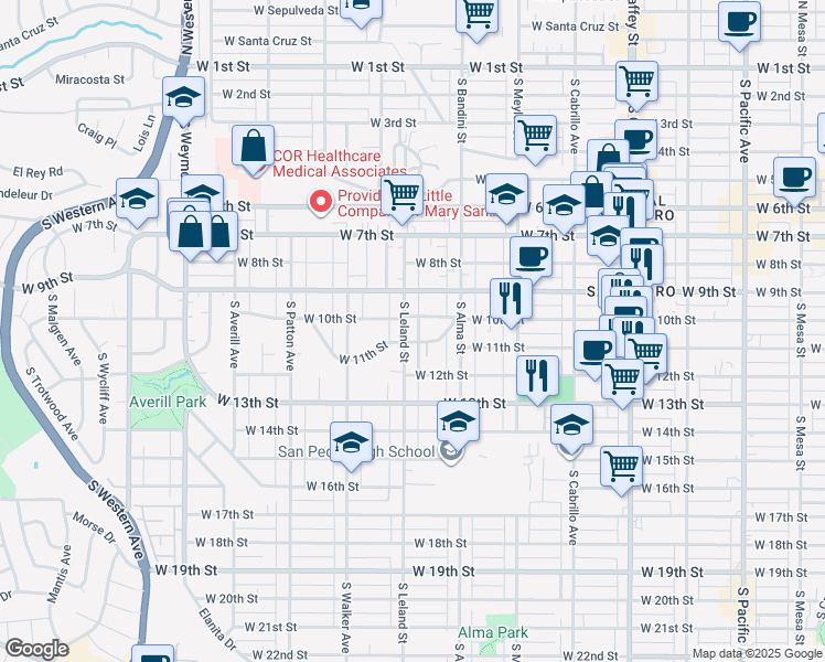 map of restaurants, bars, coffee shops, grocery stores, and more near 1018 South Leland Street in Los Angeles