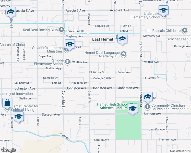 map of restaurants, bars, coffee shops, grocery stores, and more near 41300 Collegian Way in Hemet