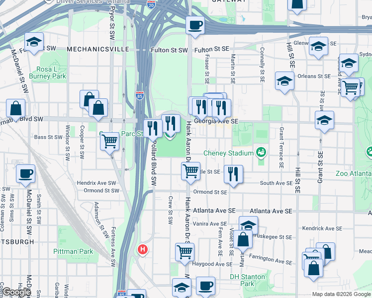 map of restaurants, bars, coffee shops, grocery stores, and more near 701 Hank Aaron Drive Southwest in Atlanta