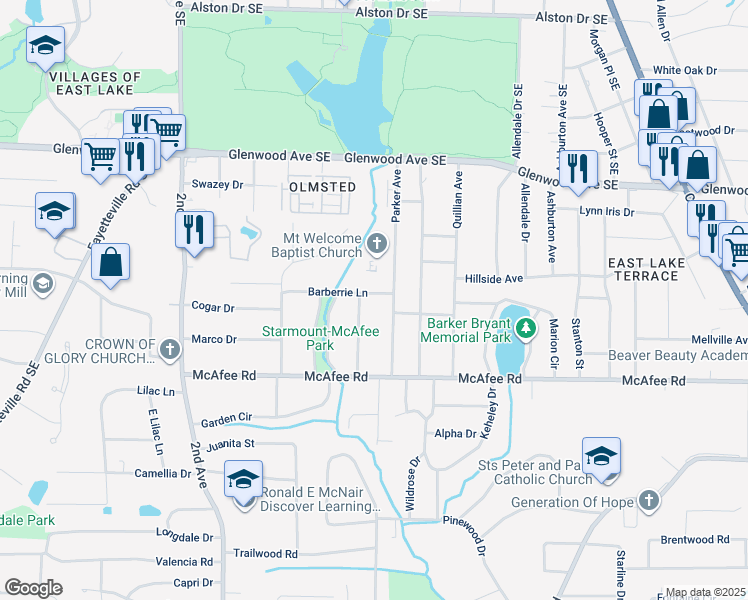 map of restaurants, bars, coffee shops, grocery stores, and more near 2099 Barberrie Lane in Decatur