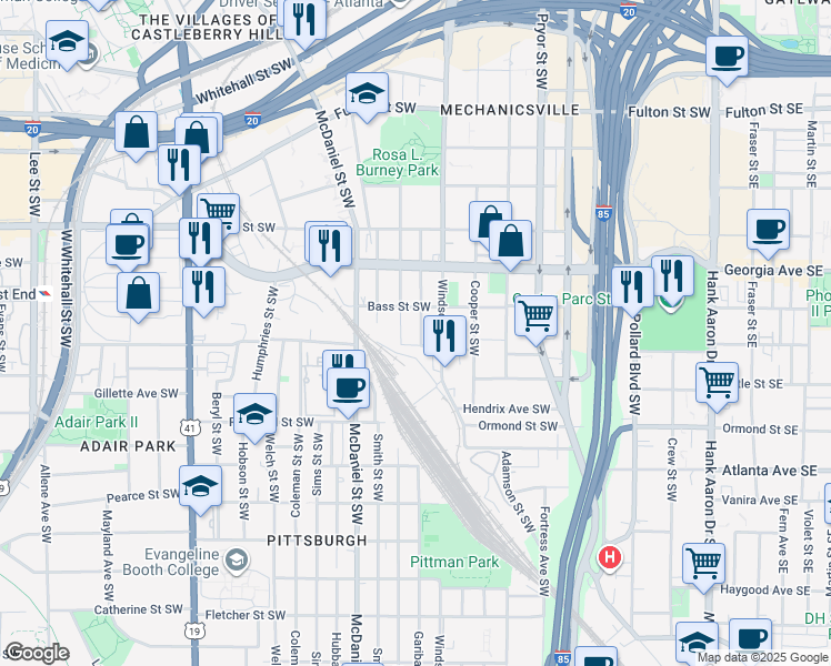 map of restaurants, bars, coffee shops, grocery stores, and more near 739 Garibaldi Street Southwest in Atlanta