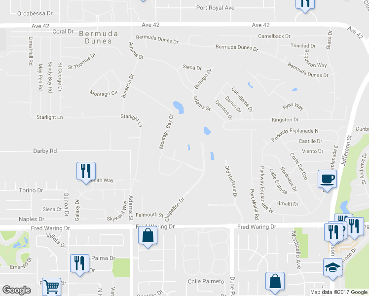 map of restaurants, bars, coffee shops, grocery stores, and more near 79418 Montego Bay Court in Bermuda Dunes