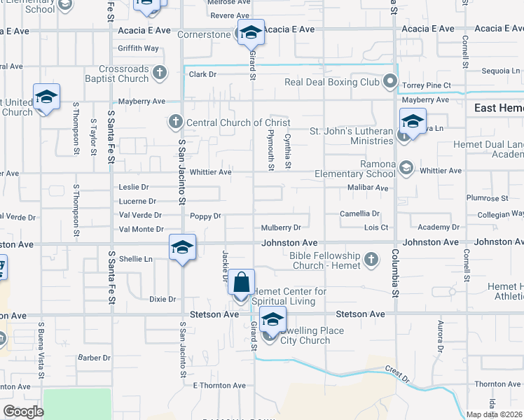 map of restaurants, bars, coffee shops, grocery stores, and more near 40520 Poppy Drive in Hemet