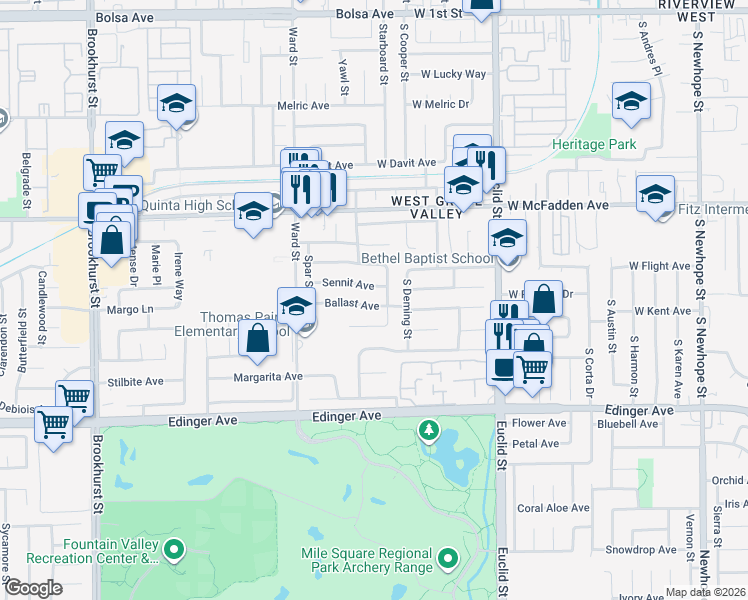 map of restaurants, bars, coffee shops, grocery stores, and more near 15702 Starboard Street in Garden Grove