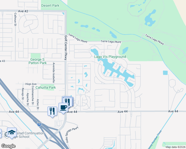 map of restaurants, bars, coffee shops, grocery stores, and more near 43221 Fiore Street in Indio