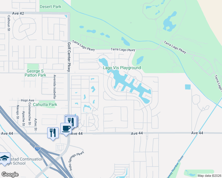 map of restaurants, bars, coffee shops, grocery stores, and more near 43254 Passagio Lago Way in Indio