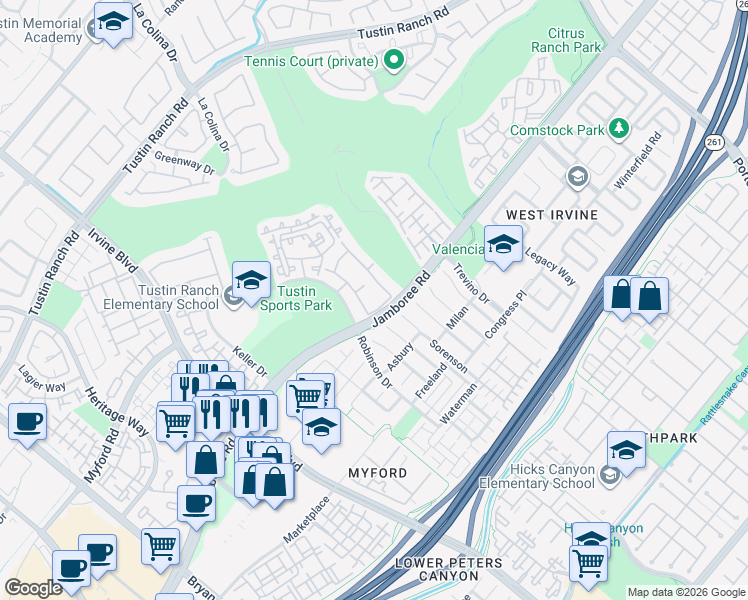 map of restaurants, bars, coffee shops, grocery stores, and more near 2948 Player Lane in Tustin