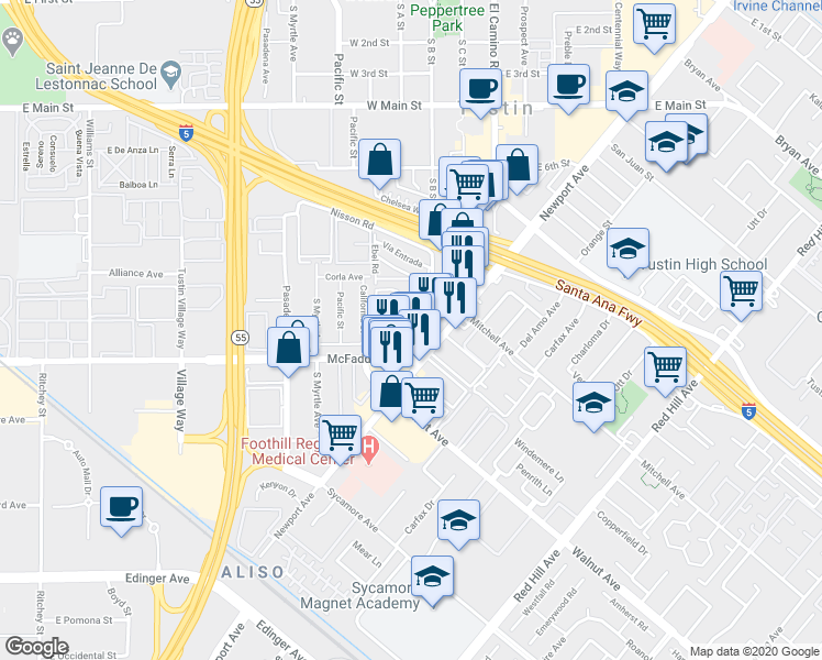 map of restaurants, bars, coffee shops, grocery stores, and more near 15682 South B Street in Tustin