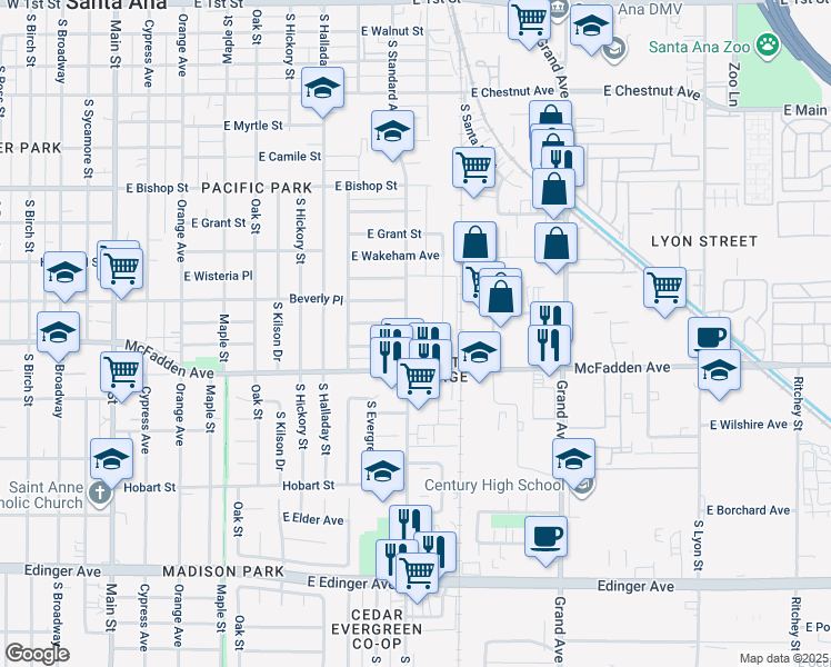 map of restaurants, bars, coffee shops, grocery stores, and more near 1024 South Standard Avenue in Santa Ana