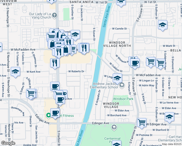 map of restaurants, bars, coffee shops, grocery stores, and more near 925 South Susan Street in Santa Ana