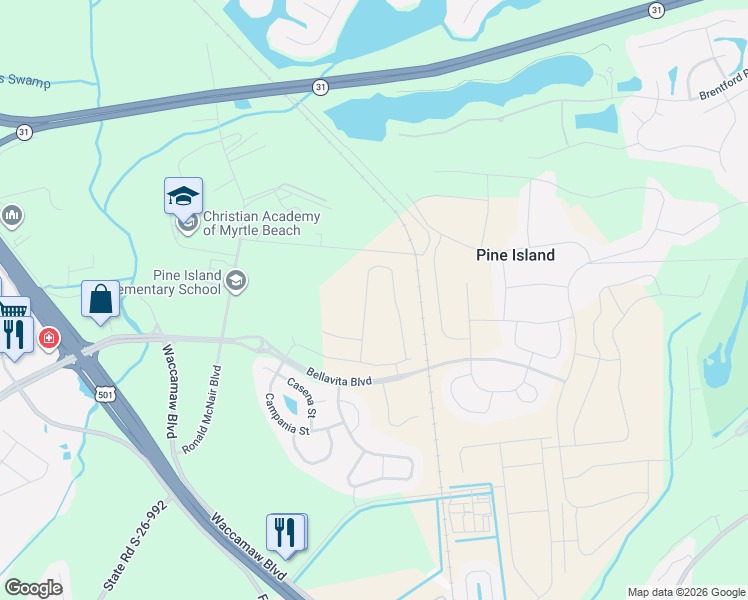 map of restaurants, bars, coffee shops, grocery stores, and more near 300-388 Christa McAuliffe Street in Myrtle Beach