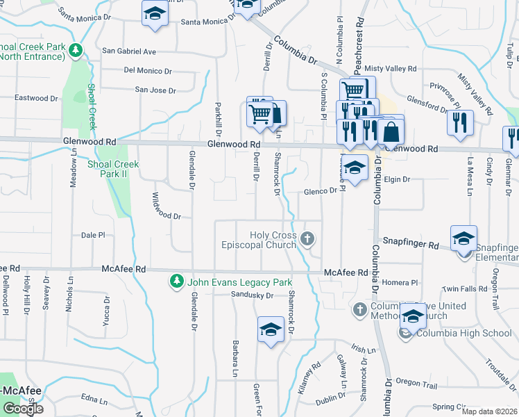 map of restaurants, bars, coffee shops, grocery stores, and more near 1908 Derrill Drive in Decatur