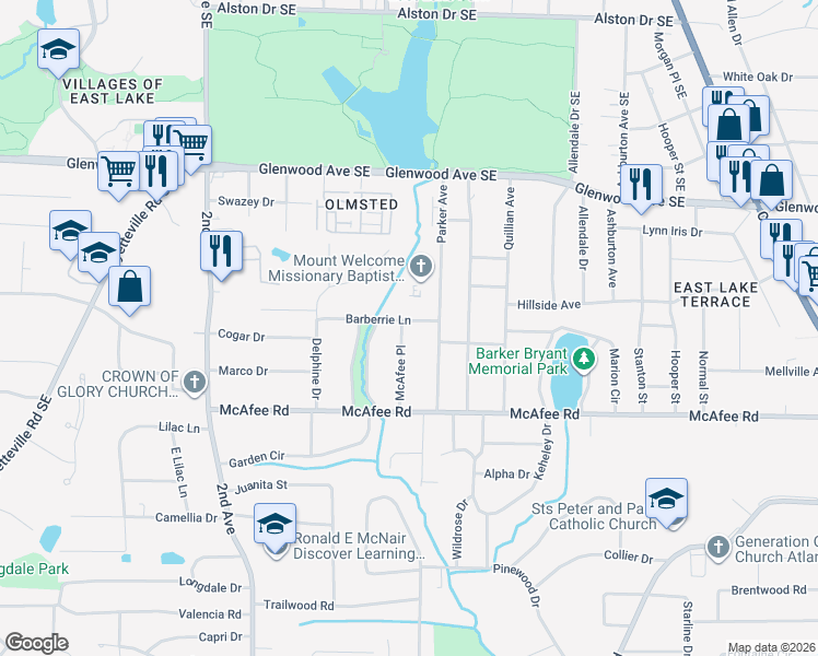 map of restaurants, bars, coffee shops, grocery stores, and more near 2107 Barberrie Lane in Decatur