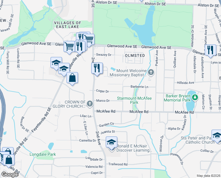 map of restaurants, bars, coffee shops, grocery stores, and more near 1965 Barberrie Lane in Decatur