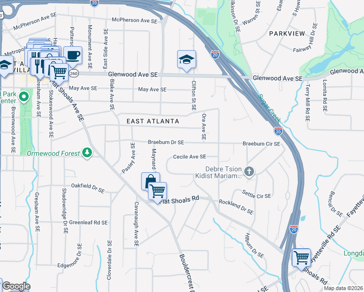 map of restaurants, bars, coffee shops, grocery stores, and more near 1667 Braeburn Drive Southeast in Atlanta