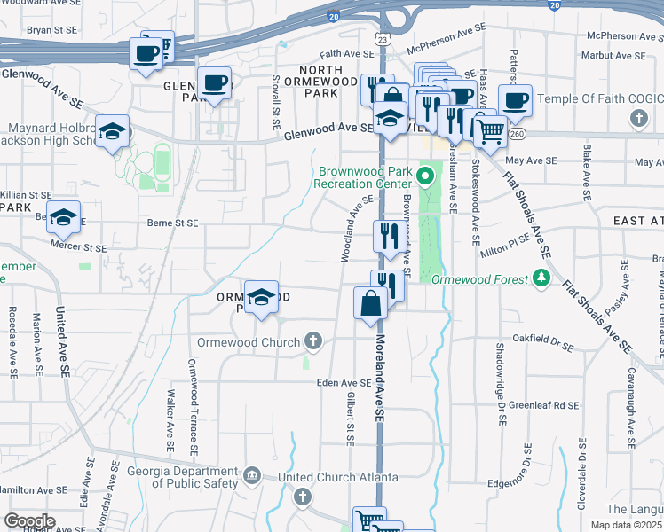 map of restaurants, bars, coffee shops, grocery stores, and more near 696 Woodland Avenue Southeast in Atlanta