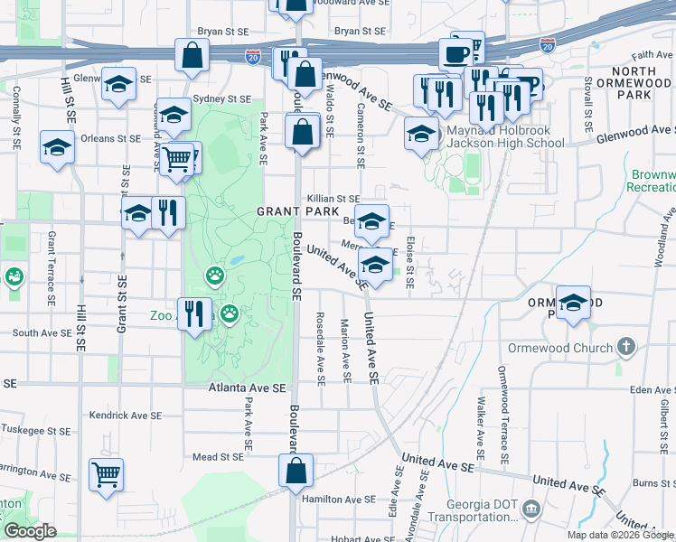 map of restaurants, bars, coffee shops, grocery stores, and more near 707 United Avenue Southeast in Atlanta