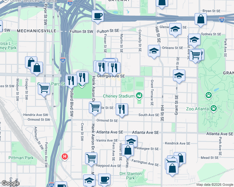 map of restaurants, bars, coffee shops, grocery stores, and more near 726 Terry Street Southeast in Atlanta