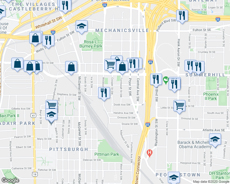 map of restaurants, bars, coffee shops, grocery stores, and more near 731 Formwalt Street Southwest in Atlanta
