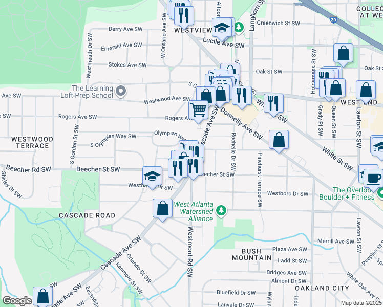 map of restaurants, bars, coffee shops, grocery stores, and more near 1524 South Olympian Way Southwest in Atlanta