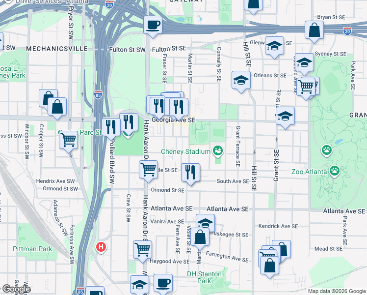 map of restaurants, bars, coffee shops, grocery stores, and more near 726 Terry Street Southeast in Atlanta