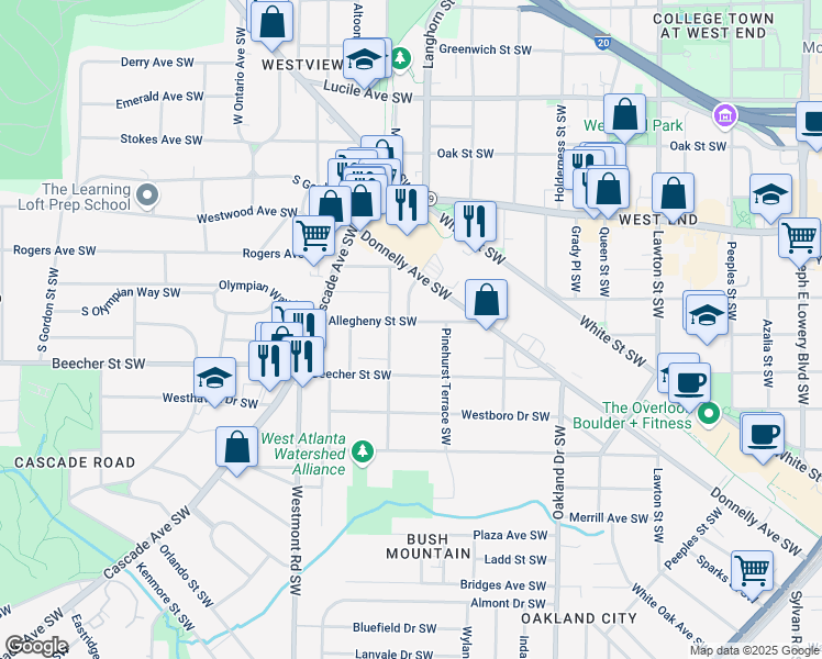 map of restaurants, bars, coffee shops, grocery stores, and more near 1388 Allegheny Street Southwest in Atlanta