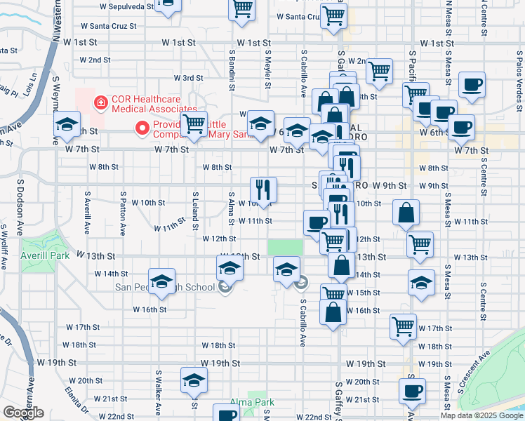 map of restaurants, bars, coffee shops, grocery stores, and more near 1021 South Meyler Street in Los Angeles