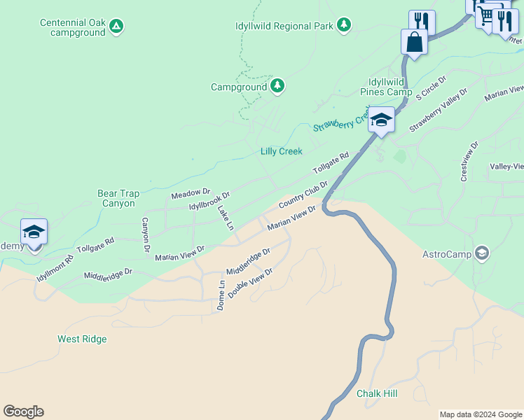 map of restaurants, bars, coffee shops, grocery stores, and more near 53520 Country Club Drive in Idyllwild-Pine Cove