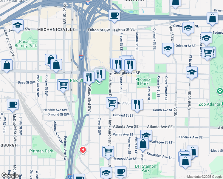 map of restaurants, bars, coffee shops, grocery stores, and more near 720 Hank Aaron Drive Southeast in Atlanta