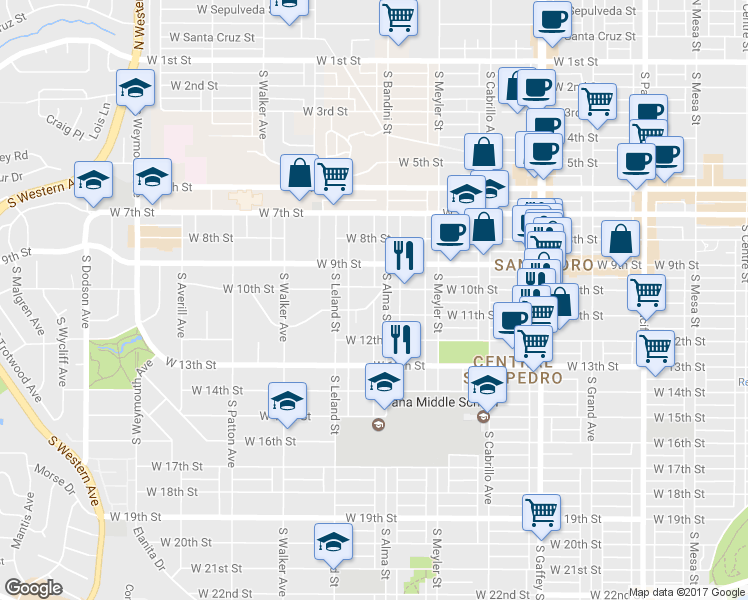 map of restaurants, bars, coffee shops, grocery stores, and more near 1025 South Alma Street in San Pedro