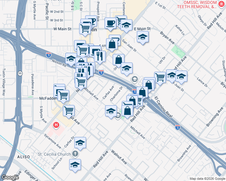 map of restaurants, bars, coffee shops, grocery stores, and more near 14102 Carfax Avenue in Tustin