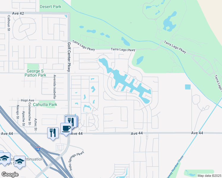 map of restaurants, bars, coffee shops, grocery stores, and more near 43275 Passagio Lago Way in Indio