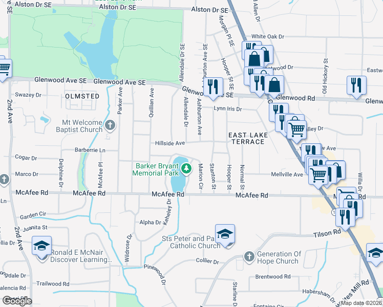 map of restaurants, bars, coffee shops, grocery stores, and more near 2338 Marion Circle in Decatur