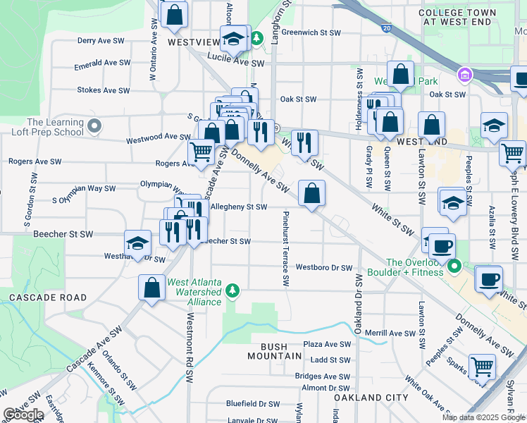 map of restaurants, bars, coffee shops, grocery stores, and more near 1388 Allegheny Street Southwest in Atlanta