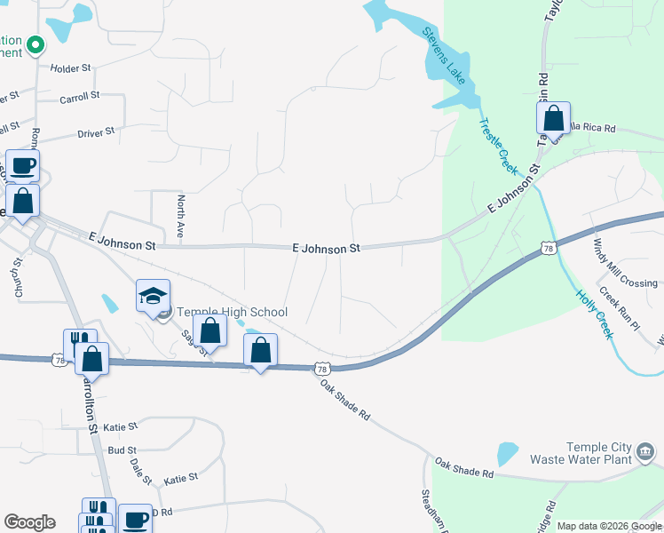 map of restaurants, bars, coffee shops, grocery stores, and more near 104 Maplewood Drive in Temple