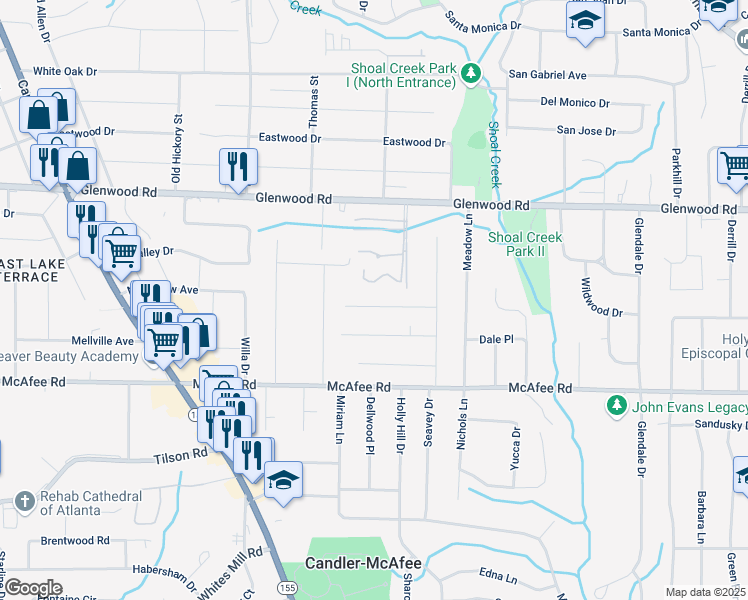 map of restaurants, bars, coffee shops, grocery stores, and more near 2812 Mitchell Drive in Decatur
