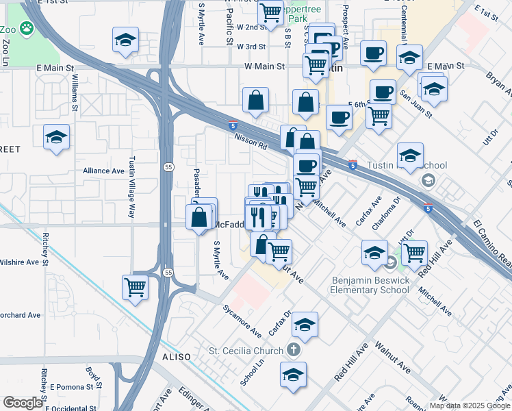 map of restaurants, bars, coffee shops, grocery stores, and more near 17273 Ebel Road in Tustin