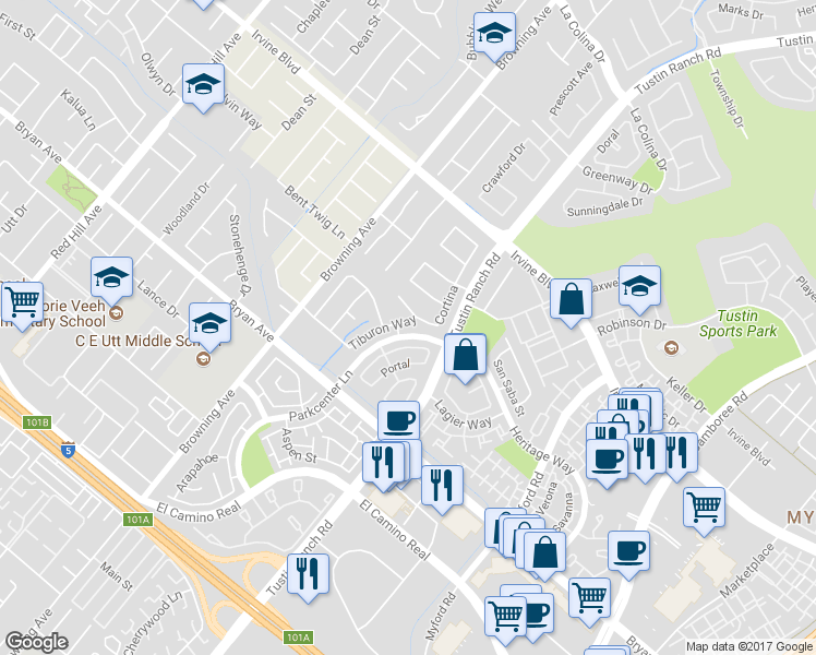 map of restaurants, bars, coffee shops, grocery stores, and more near 13252 Tiburon Way in Tustin