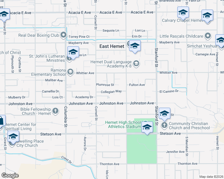 map of restaurants, bars, coffee shops, grocery stores, and more near 41384 Collegian Way in Hemet